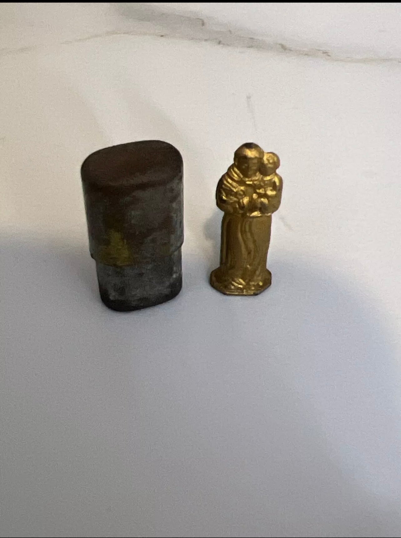 Catholic St Anthony pocket shrine brass 1 in tall vintage
